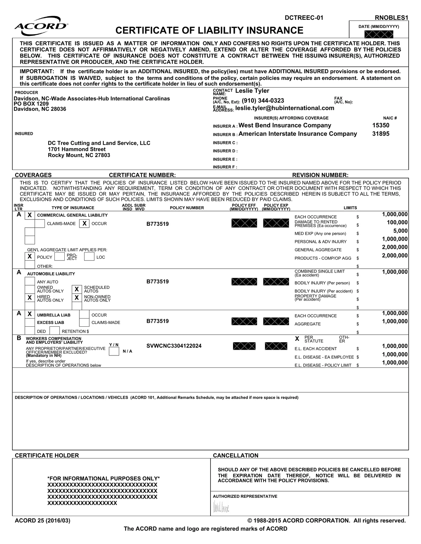 DC Tree Cutting ACORD 25 Certificate of Liability Insurance showing general liability, auto, umbrella, and workers' compensation coverage